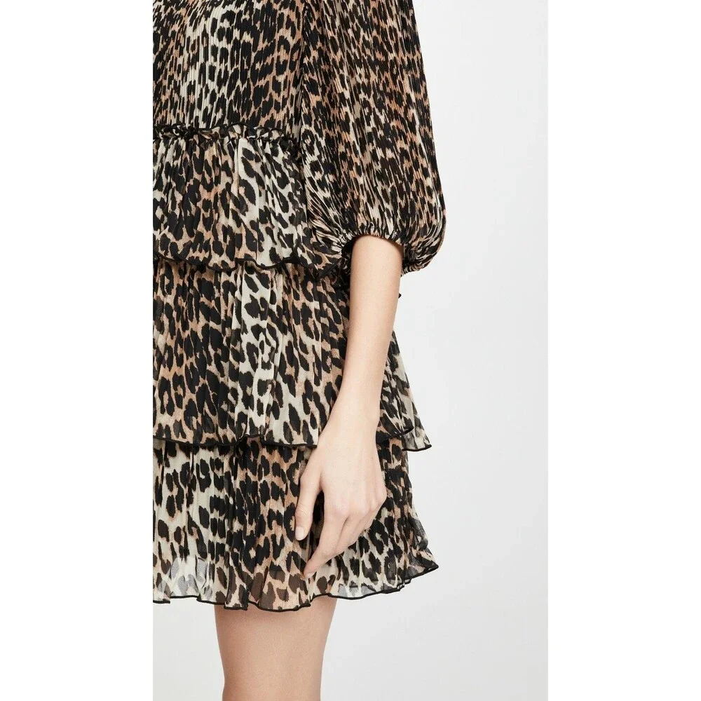 NWT Ganni Leopard Pleated Georgette Tiered Ruffle Dress 36(4), 38(6), 40(8) $235 - Picture 7 of 12